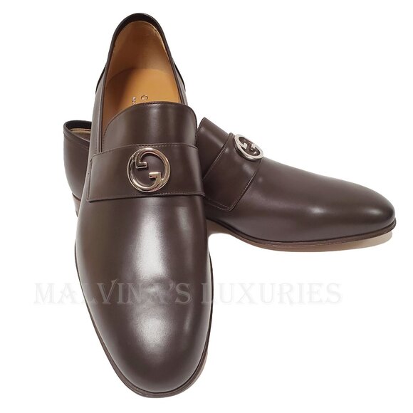GUCCI SHOES MENS INTERLOCKING G LOGO PLAQUE BROWN LEATHER LOAFERS sz 12.5 / 13 U - Picture 4 of 15